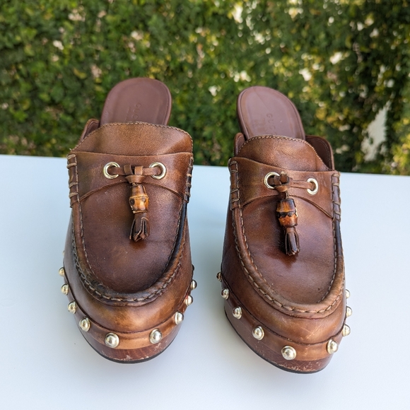 Gucci Brown Leather Mules with Metallic Gold Studs - Picture 3 of 13